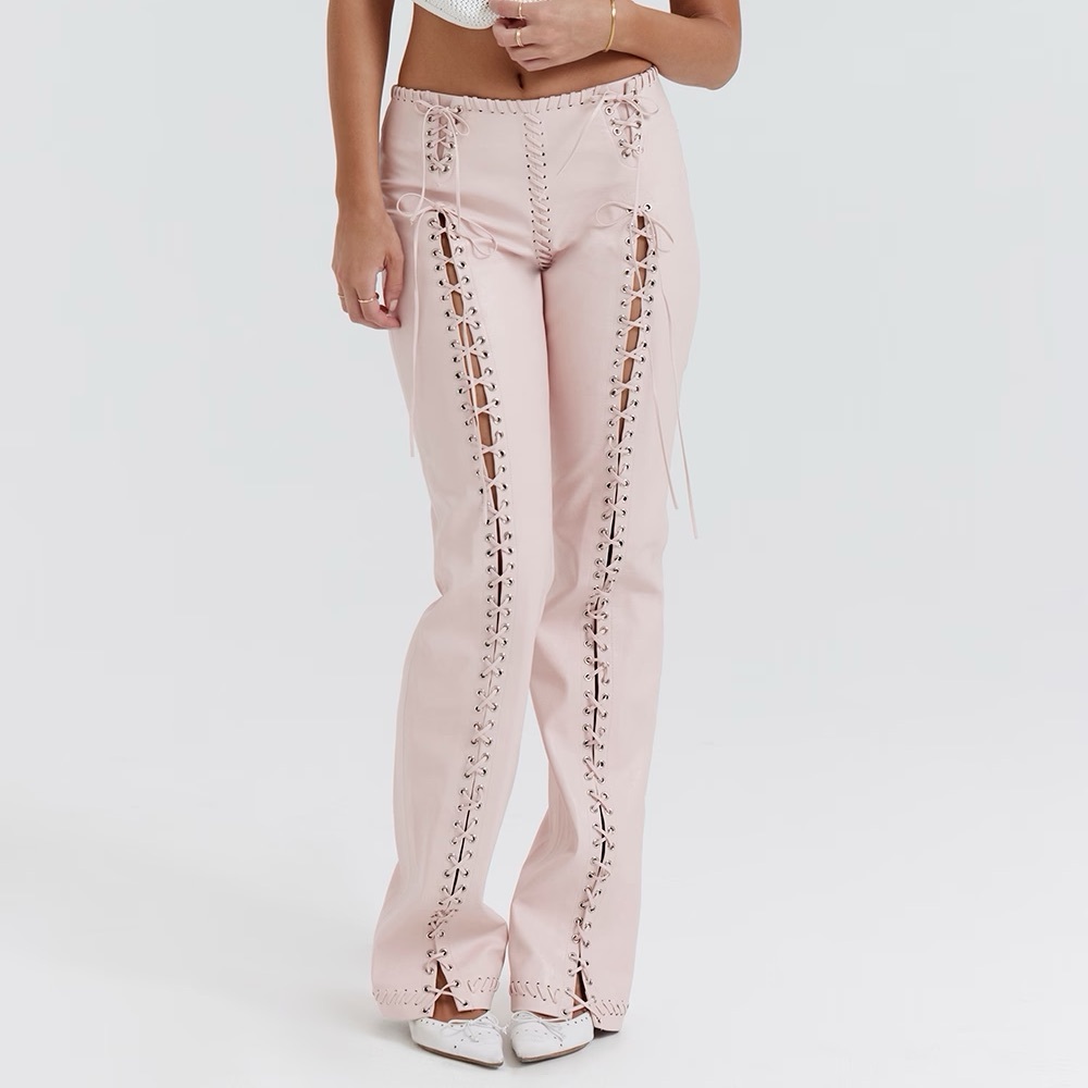 House of CB Pink Lace-Up Front leather Pants